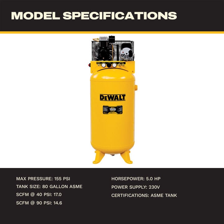 DEWALT 80-Gallon High-Flow 5 HP 155 PSI Cast Iron Oil-Lubricated Belt Drive Stationary Air Compressor, large image number 6