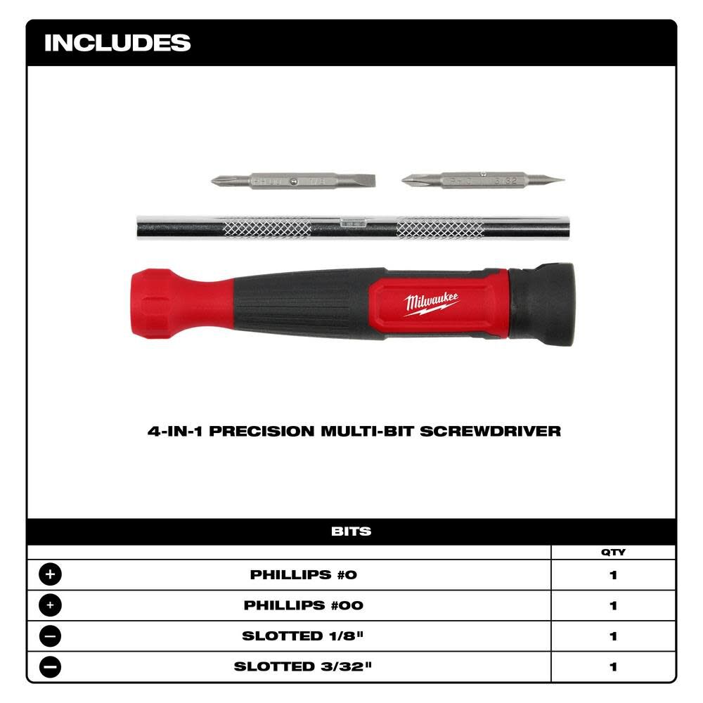 Milwaukee 4 in 1 Precision Multi Bit Screwdriver 48-22-2930 - Acme  