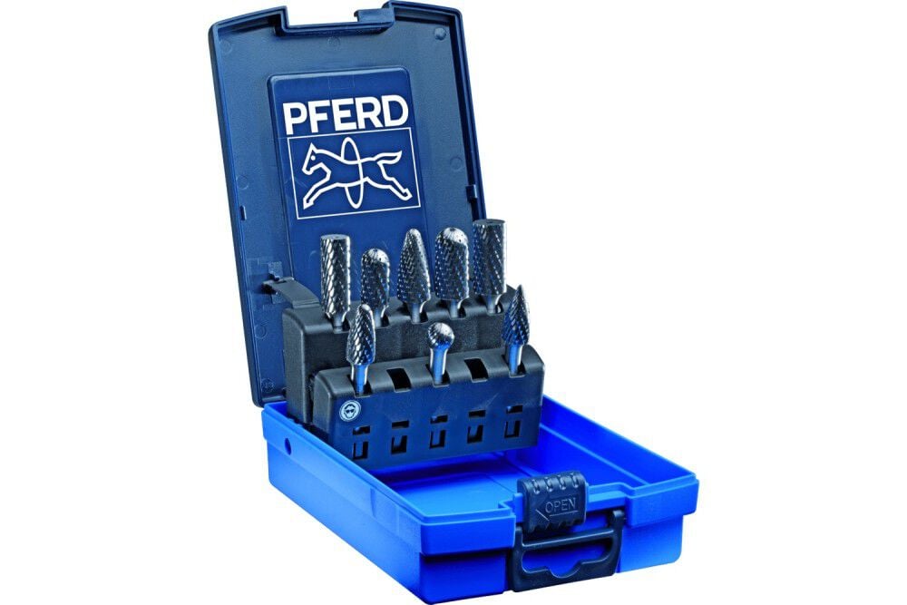 Pferd Carbide Burr Set 8 Piece Single Cut 1/4 Inch Shank Plastic Case, large image number 1