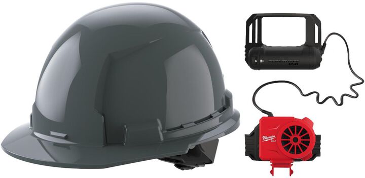 Milwaukee Gray Front Brim Hard Hat with 4pt Ratcheting Suspension Type 1 Class E & BOLT USB Cooling Fan Bundle