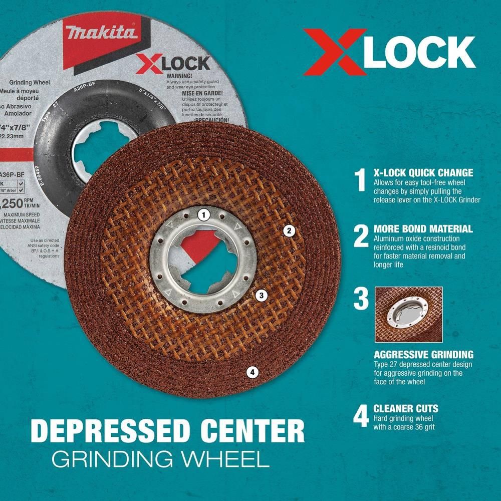 Makita X-LOCK 5in x 1/4in x 7/8in Type 27 General Purpose 36 Grit Abrasive Grinding Wheel for Metal & Stainless Steel Grinding, large image number 10