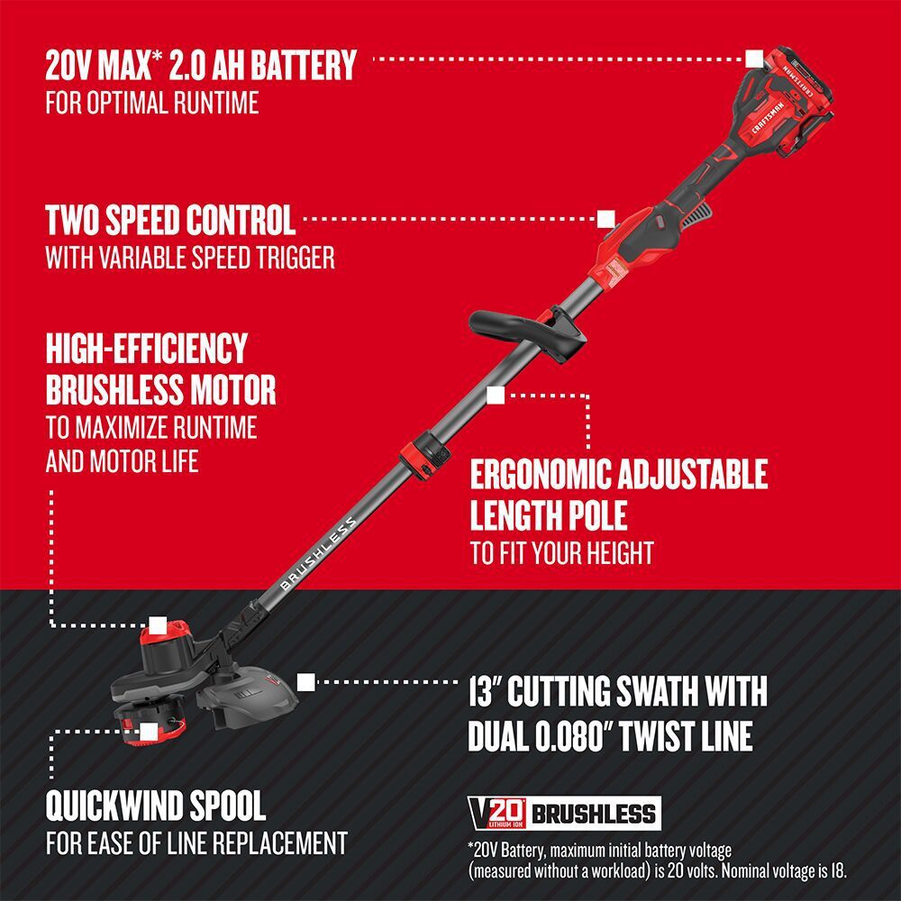 CRAFTSMAN V20 Brushless WEEDWACKER 13 Inch String Trimmer Kit, large image number 3