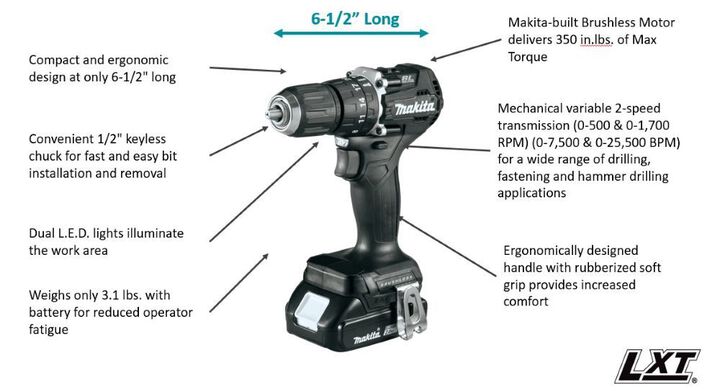 Makita 18V LXT Hammer Driver Drill Sub Compact 1/2in (Bare Tool), large image number 1