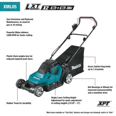 Makita 18V X2 (36V) LXT Lithium-Ion Cordless 17in Residential Lawn Mower Kit (5.0Ah), large image number 2