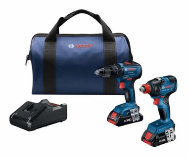Bosch 18V 2-Tool Combo Kit with 1/2 In. Hammer Drill/Driver, Two-In-One 1/4 In. and 1/2 In. Bit/Socket Impact Driver/Wrench and (2) CORE18V 4.0 Ah Compact Batteries - Factory Reconditioned