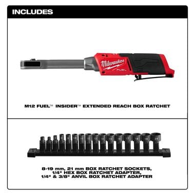 Milwaukee M12 Insider Extended Reach Ratchet (Bare Tool), 8 Piece Socket SAE Set Bundle, large image number 6