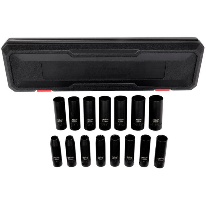 Milton 1/2 Drive Deep 6-Point Impact Socket Set 10-24mm Metric Steel Coated Black Oxide Finish 15pc