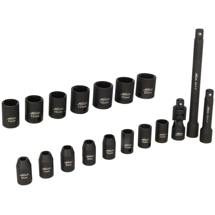 Milton 3/8 Drive Shallow 6-Point Impact Socket Set 6-20mm Steel Coated Black Oxide Finish with Universal Joint & Extension Bars 18pc, large image number 3