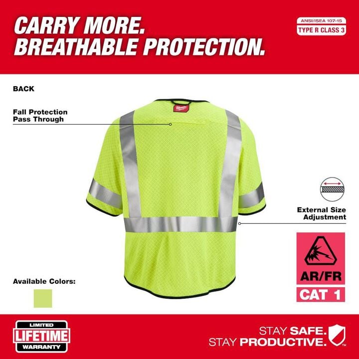 Milwaukee High Vis Safety Vest Yellow Class 3 Mesh AR/FR Cat 1 S/M, large image number 3