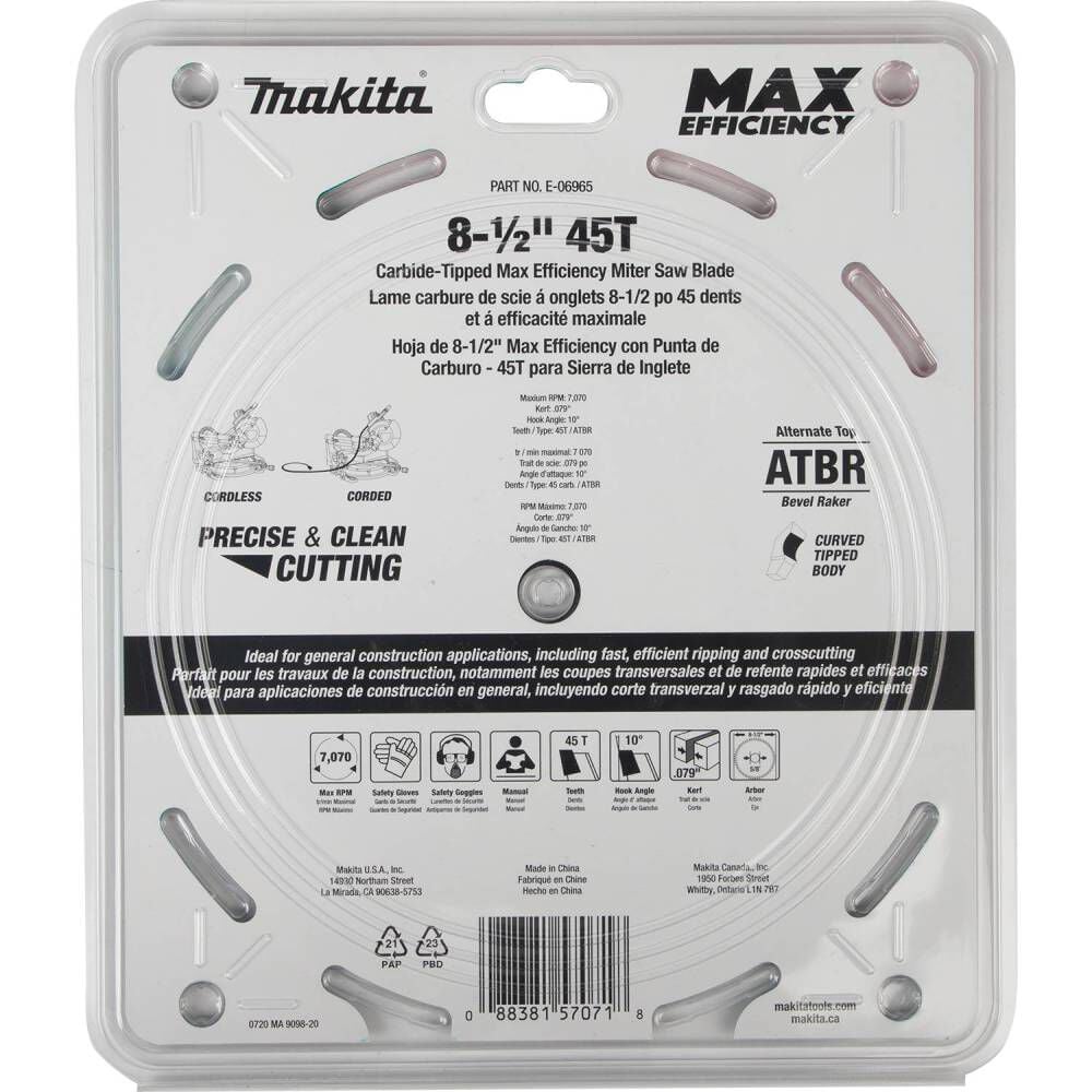 Makita Max Efficiency Miter Saw Blade 8 1/2in 45 Tooth Thin Kerf, large image number 2