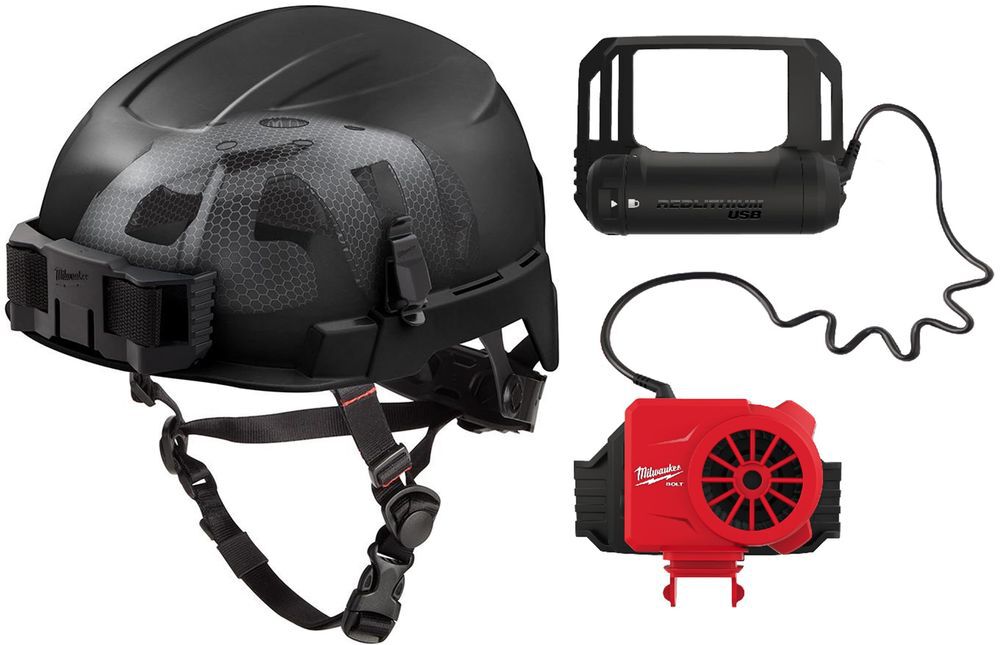 Milwaukee BOLT Black Safety Helmet with IMPACT ARMOR Liner Type 2 Class E & USB Cooling Fan Bundle - MIL000011839