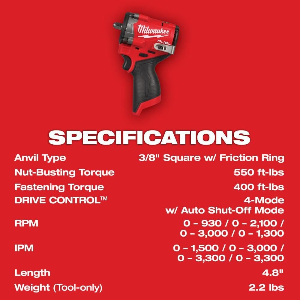 Milwaukee M12 FUEL Stubby 3/8 Inch Impact Wrench (Bare Tool), large image number 7