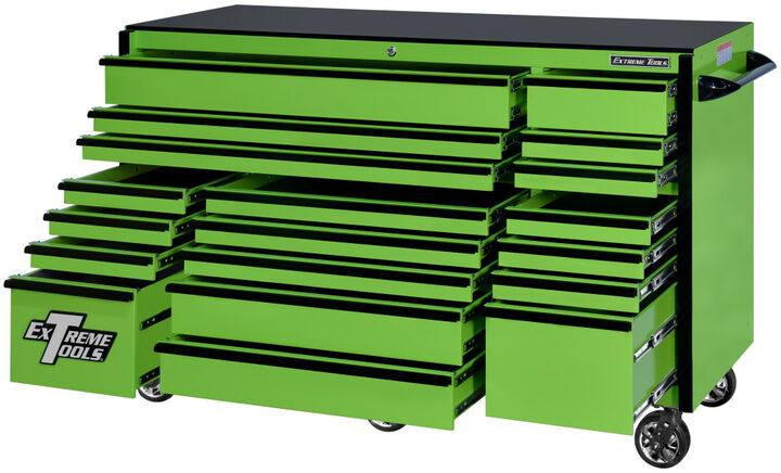 Extreme Tools RX Series 72 Inch W x 30 Inch D 19 Drawer Triple Bank Roller Cabinet 250lbs Slides Green with Black Drawer Pulls, large image number 1