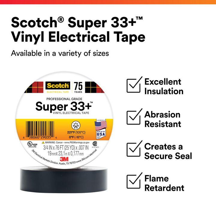 3M Super 33+ 3/4 Inch x 76 Ft Scotch Black Vinyl Electrical Tape - 10 Rolls, large image number 1