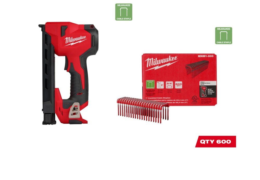 Milwaukee M12 Cable Stapler Bare Tool with 1inch Staples 600qty Bundle 2448 20 MNM1 600 Acme Tools