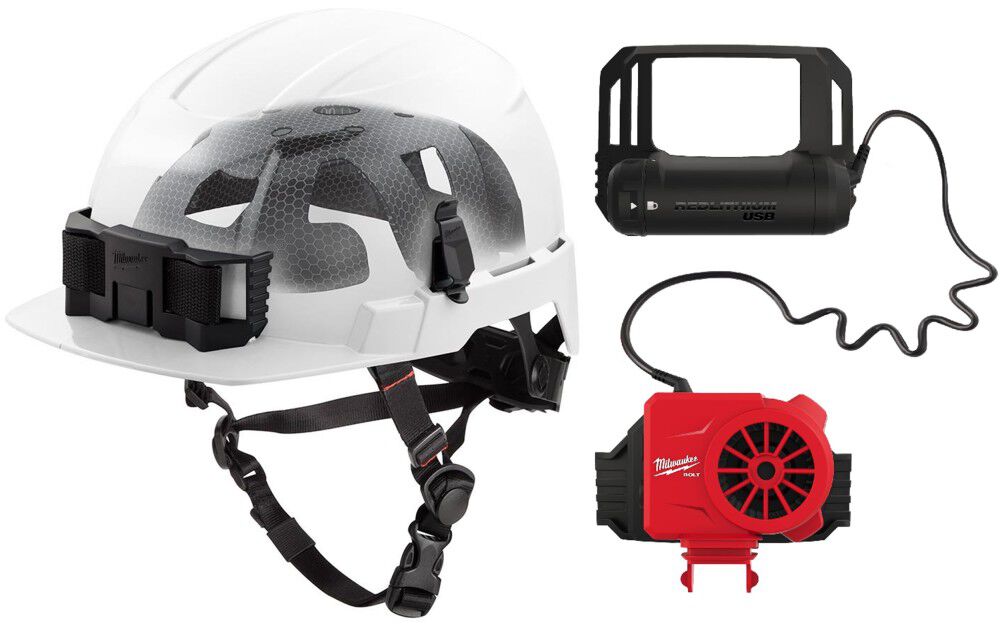 Milwaukee BOLT White Front Brim Safety Helmet with IMPACT ARMOR Liner Type 2 Class E & USB Cooling Fan Bundle - MIL000011824