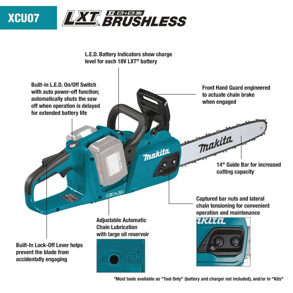 Makita 18V X2 (36V) LXT Lithium-Ion Brushless Cordless 14in Chain Saw Kit (5.0Ah), large image number 10