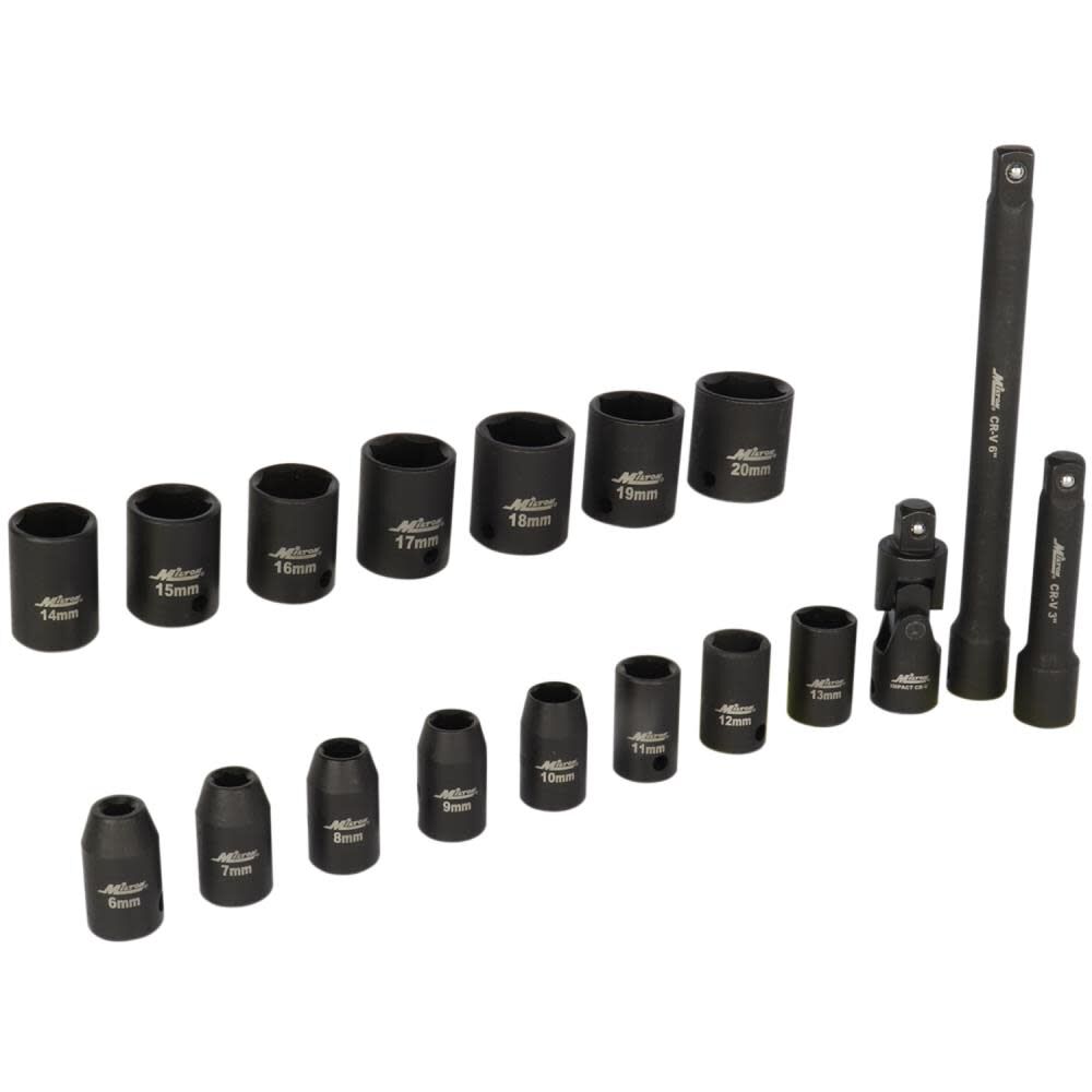 Milton 3/8 Drive Shallow 6-Point Impact Socket Set 6-20mm Steel Coated Black Oxide Finish with Universal Joint & Extension Bars 18pc, large image number 4