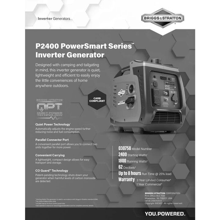 Briggs and Stratton P2400 PowerSmart Series 2400 Watt Gas Powered 50 State Inverter Generator with CO Guard, large image number 4