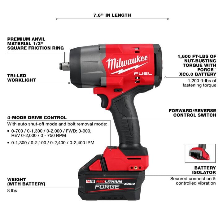 Milwaukee M18 FUEL 1/2in High Torque Impact Wrench with Friction Ring REDLITHIUM FORGE Kit, large image number 3