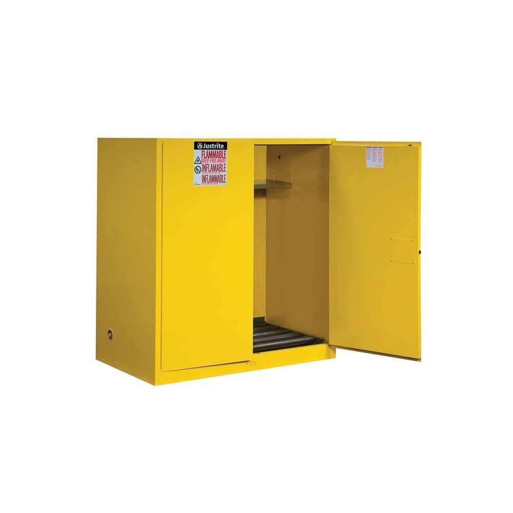 Justrite 110 Gallon Yellow Steel Manual Close Cabinet with Drum Rollers – 899160