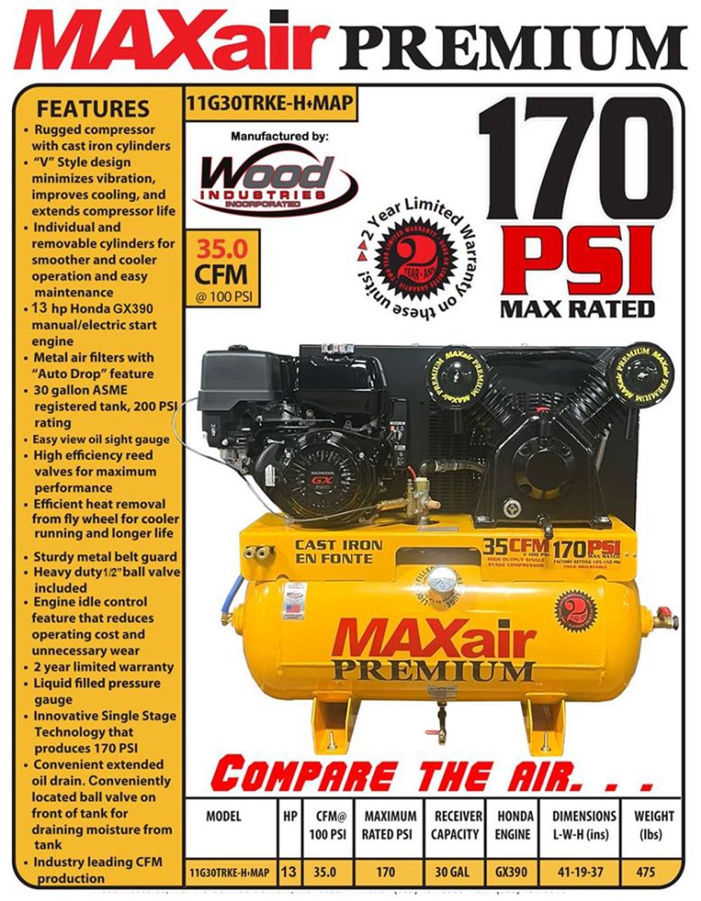 MAXair Air Compressor 13 HP 30 Gallon Gasoline Truck Mount, large image number 4