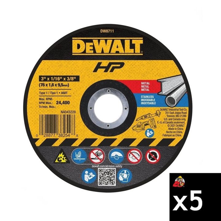 DEWALT 3 Inch x 1/16 Inch Type 1 Bonded Cutting Wheel Bundle, 5 Pieces