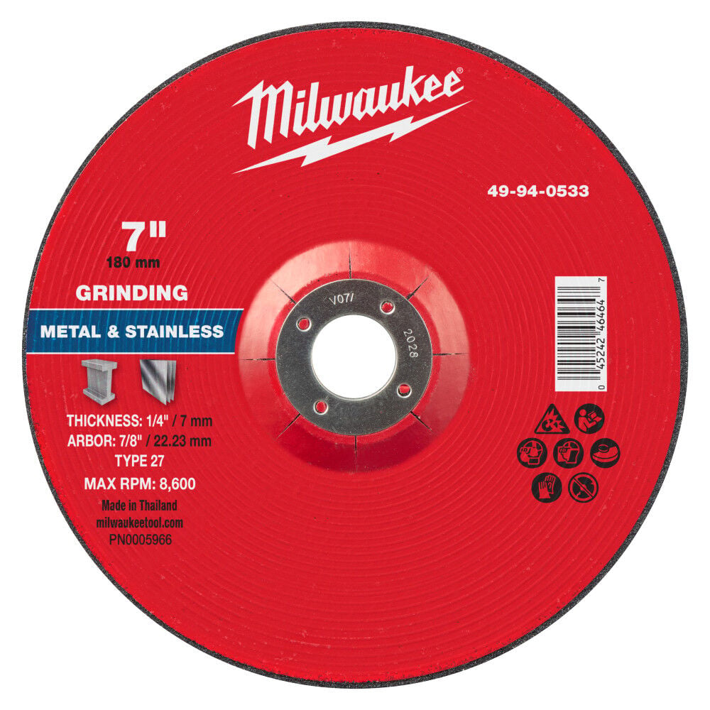 Milwaukee 7 Inch x 1/4 Inch x 7/8 Inch Metal Grinding Wheel Type 27, large image number 1