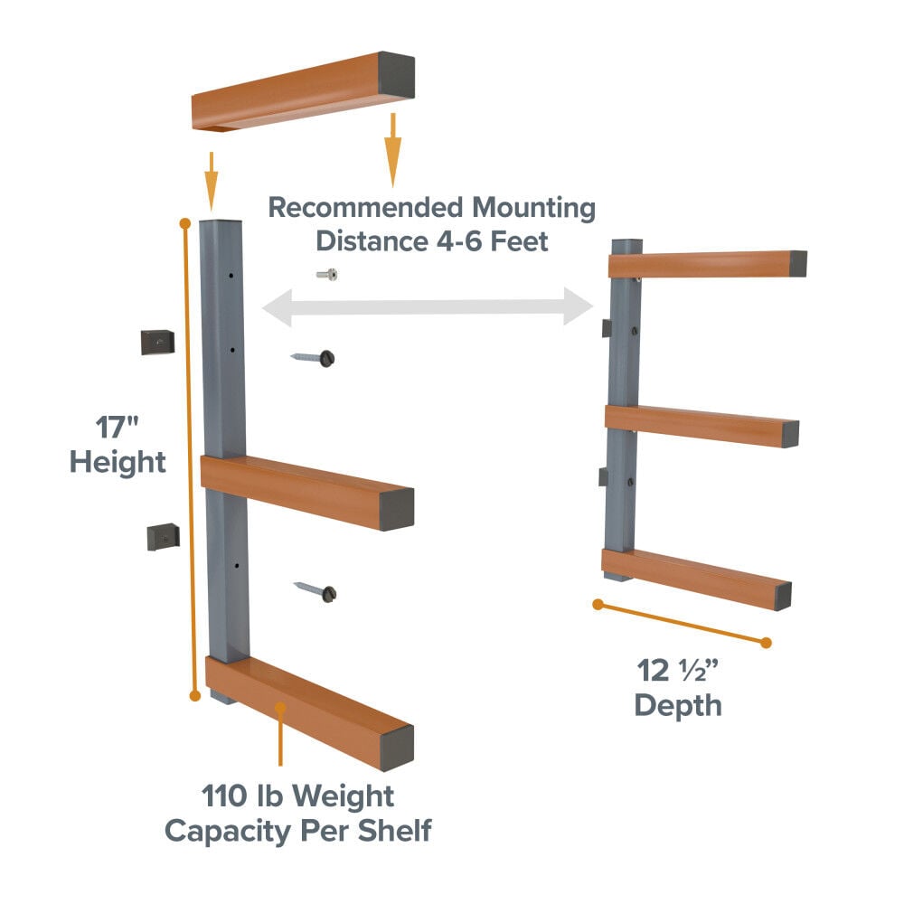 Bora Portamate 3-Level Wood Storage Rack Wall-Mounted Hanging Shelf Orange & Gray, large image number 3