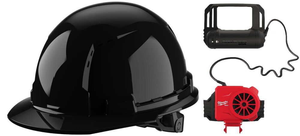 Milwaukee Black Front Brim Vented Hard Hat with 6pt Ratcheting Suspension Type 1 Class C & BOLT USB Cooling Fan Bundle, large image number 1