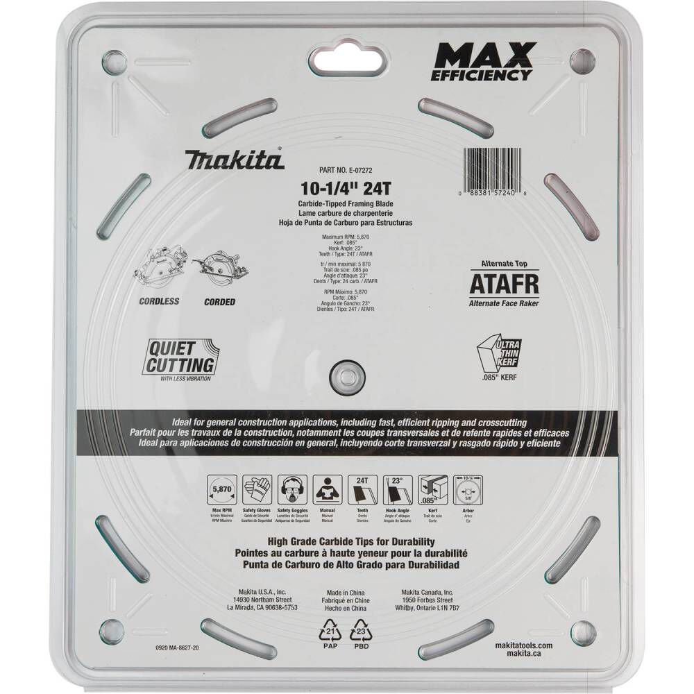 Makita 10-1/4 Inch 24T Carbide-Tipped Max Efficiency Circular Saw Blade, Framing, large image number 2