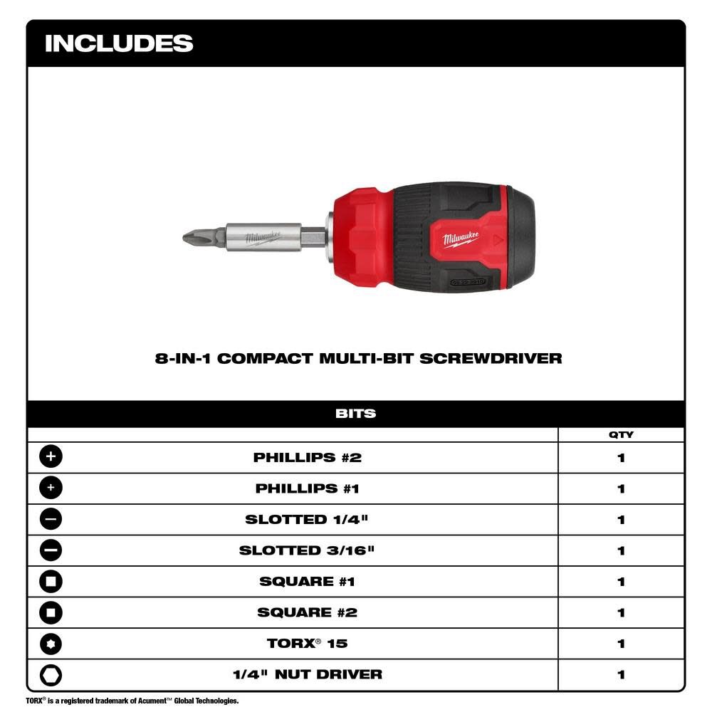Milwaukee 8-in-1 Compact Multi-Bit Screwdriver 48-22-2910