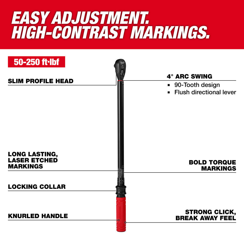 Milwaukee 1/2 Inch Drive Click Torque Wrench 50-250 Ft-Lbs, large image number 2
