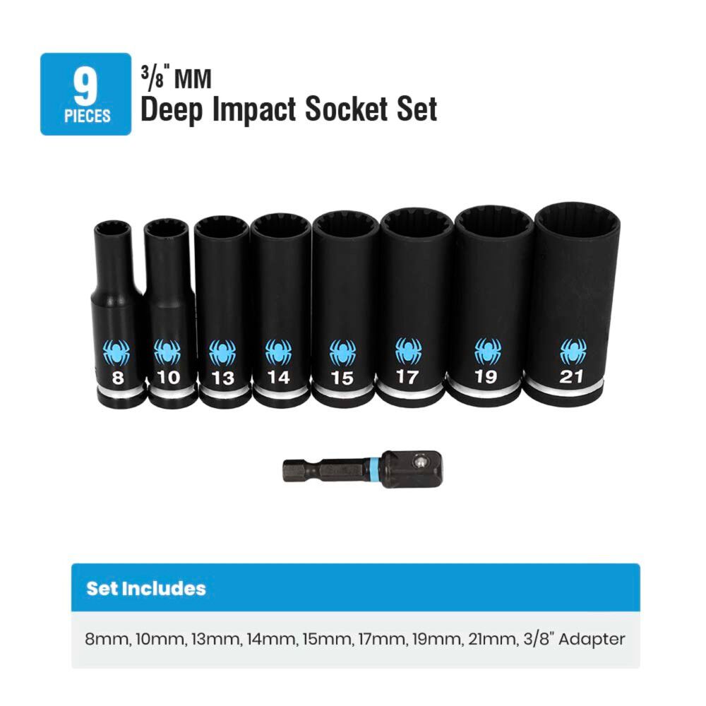 Spyder 3/8 Inch Deep Thin-Wall Metric Impact Socket Set with Adapter, 9 Pieces, large image number 6