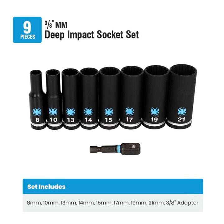 Spyder 3/8 Inch Deep Thin-Wall Metric Impact Socket Set with Adapter, 9 Pieces, large image number 5