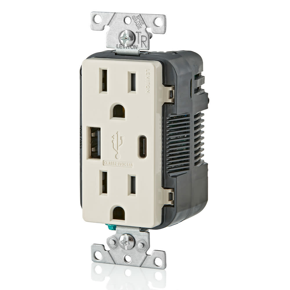 Leviton 15A 125V 5-15R Light Almond Outlet with Type A/C Charger, large image number 2