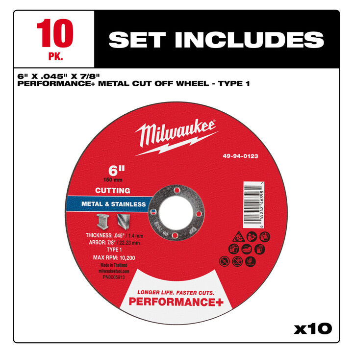 Milwaukee 6 Inch x .045 Inch x 7/8 Inch Performance+ Metal Cut Off Wheel Type 1, large image number 7