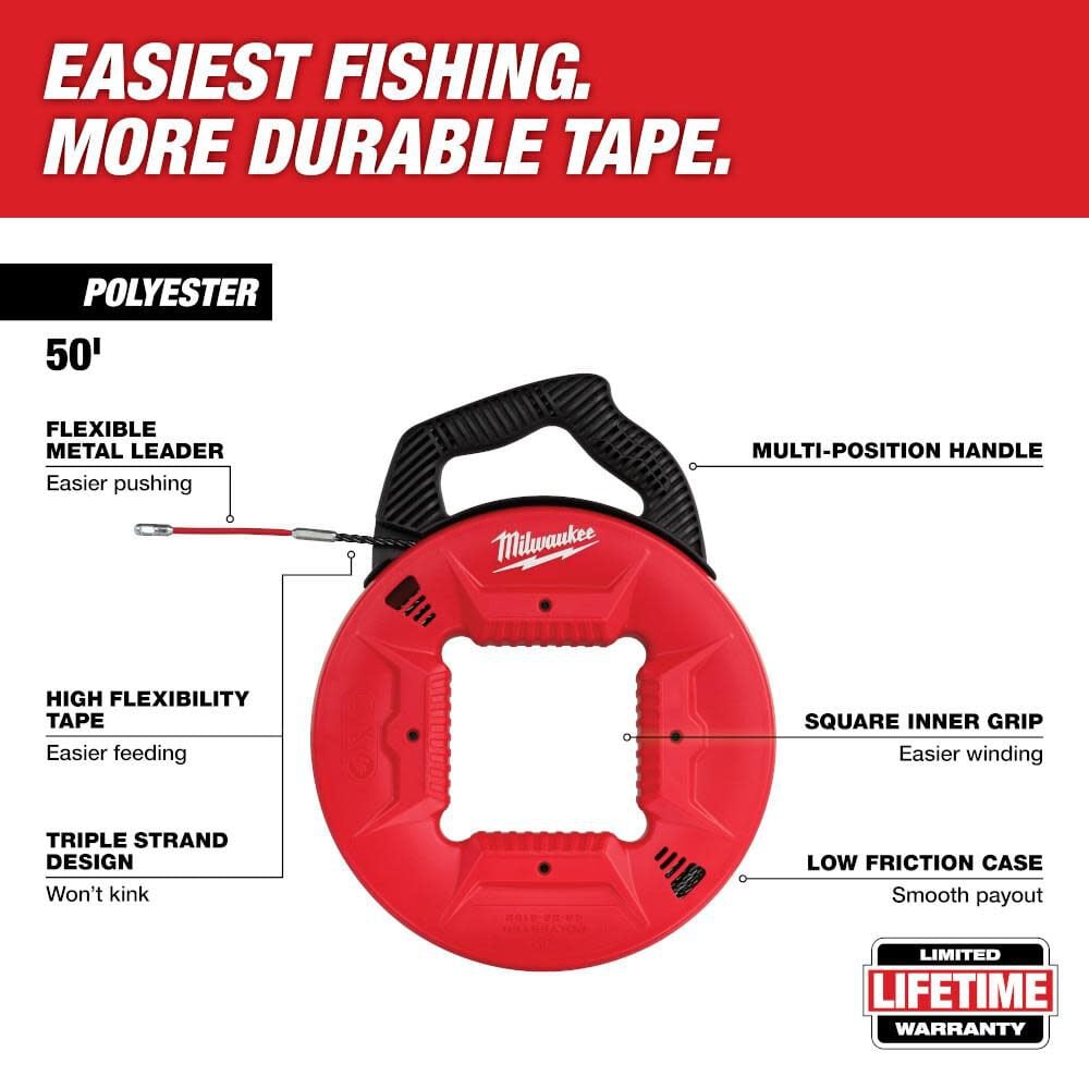 Milwaukee 50 Ft Polyester Fish Tape With Flexible Metal Leader 48 22 4192 - Image 2