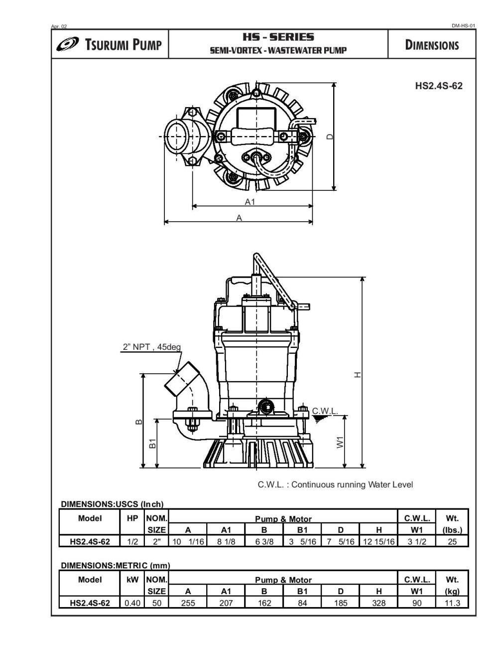 Tsurumi HS2.4S Electric Trash Pump HS2.4S62 Acme Tools