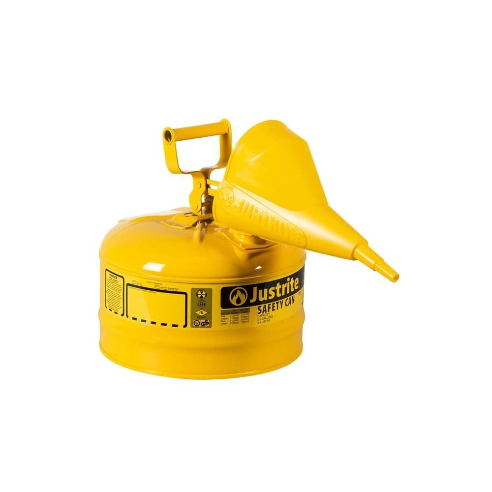 Justrite 2.5 Gal Steel Safety Yellow Diesel Fuel Can Type I with Funnel – 7125210