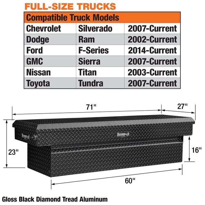 Buyers Products Company 23 Inch x 27 Inch x 71 Inch Diamond Tread Aluminum Crossover Truck Box, Gloss Black, large image number 1