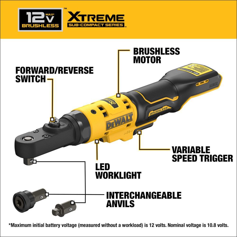 DEWALT XTREME 12V MAX 3 8 in and 1 4 in Sealed Head Ratchet Cordless Bare Tool DCF500B Acme Tools