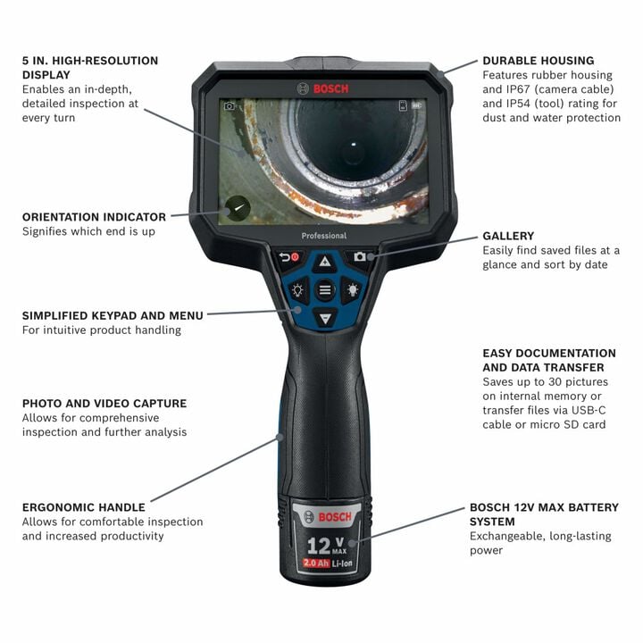 Bosch 12V Max Connected 11ft Handheld Inspection Camera Kit, large image number 1