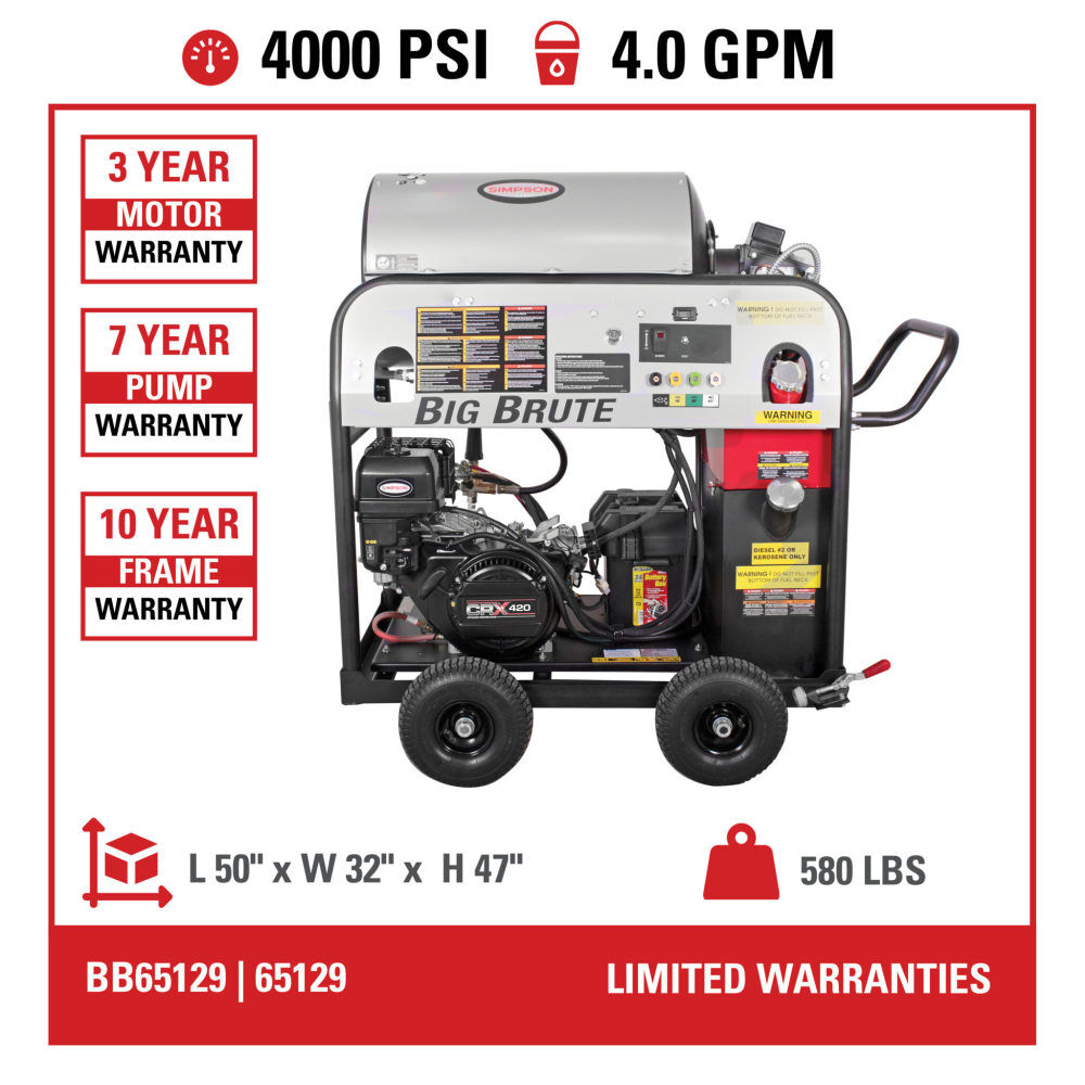 Simpson Big Brute 4000 PSI 4.0 GPM Gas Powered Hot Water Pressure Washer with 4 Spray Tips, large image number 9