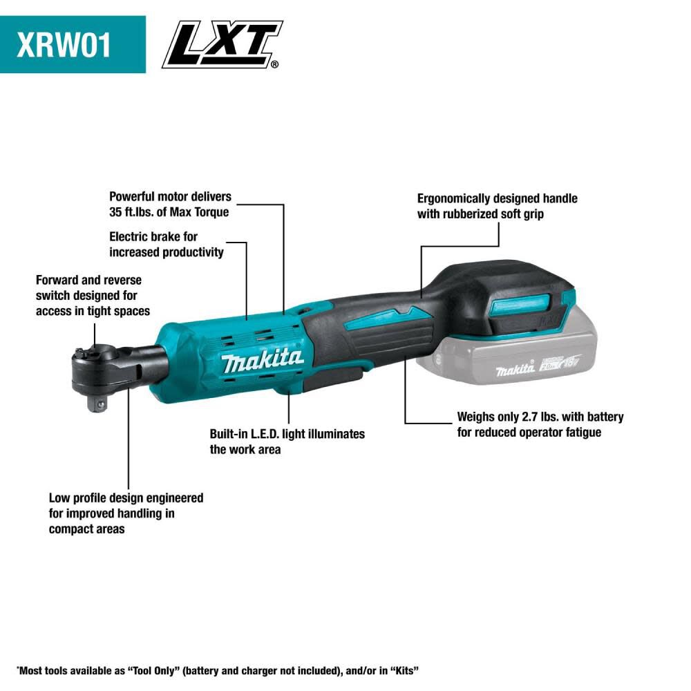 Makita XRW01Z 18V LXT Lithium-Ion Cordless 3/8 inch / 1/4 inch Sq. Drive Ratchet, Tool Only