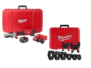 Milwaukee M18 FORCE LOGIC Long Throw Press Tool Kit with 1/2 Inch - 2 Inch IPS-P Pivoting Press Ring Bundle