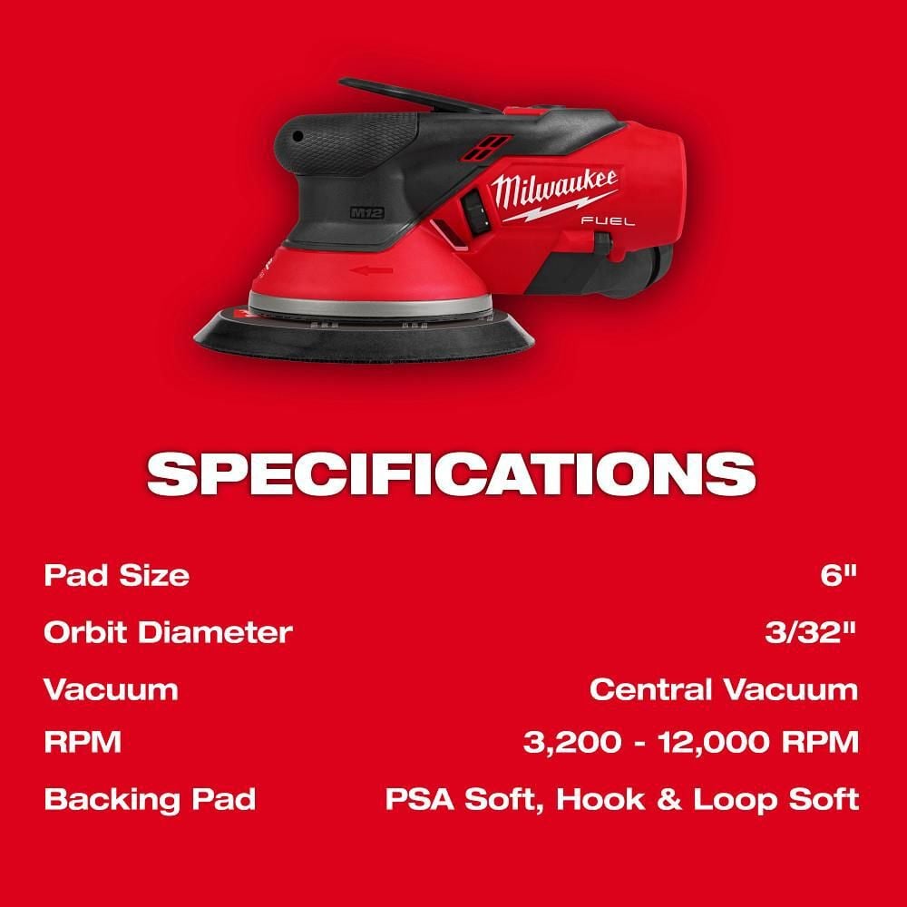 Milwaukee M12 FUEL 6 Inch Random Orbital Sander, 3/32 Inch (Bare Tool), large image number 5