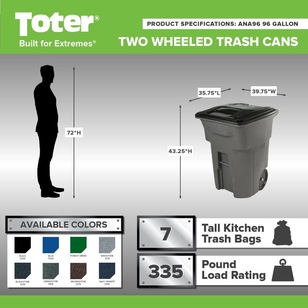 Toter 96 Gallon Trash Can with Smooth Wheels and Lid ANA9654342 Acme Tools