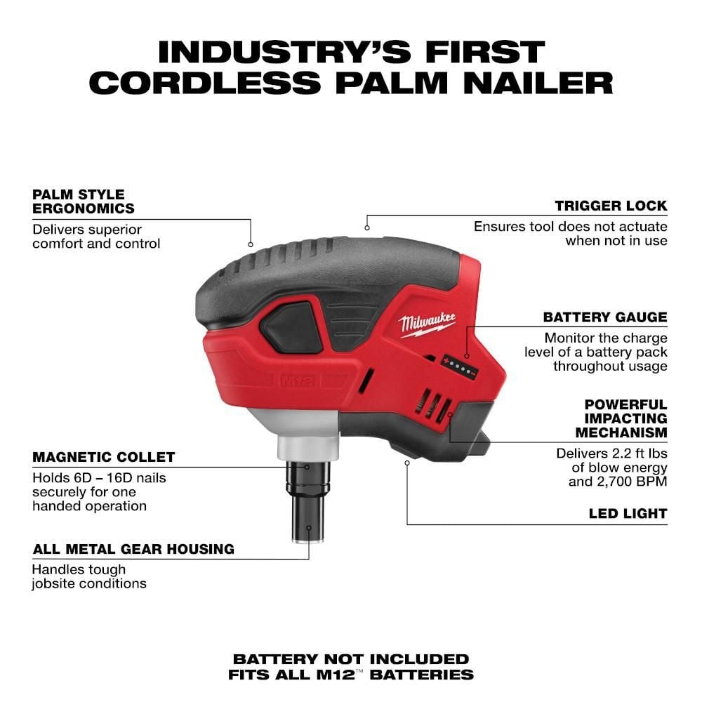 Milwaukee M12 Cordless Lithium-Ion Palm Nailer (Bare Tool), large image number 2