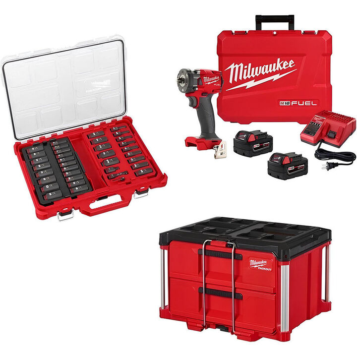 Milwaukee M18 Impact Wrench, 36-Piece Socket Set, 2-Drawer Tool Box Bundle, large image number 0